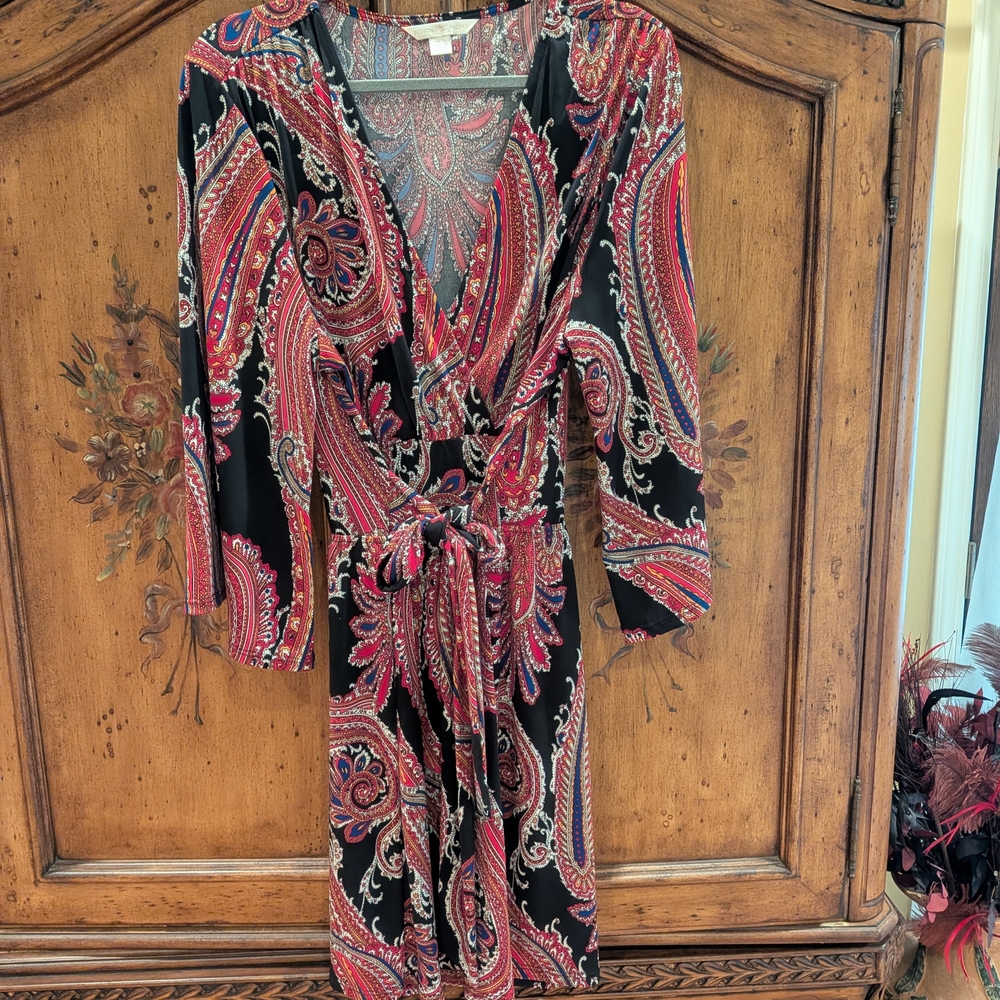 Boston Proper Red and Black Paisley Long Sleeve Dress